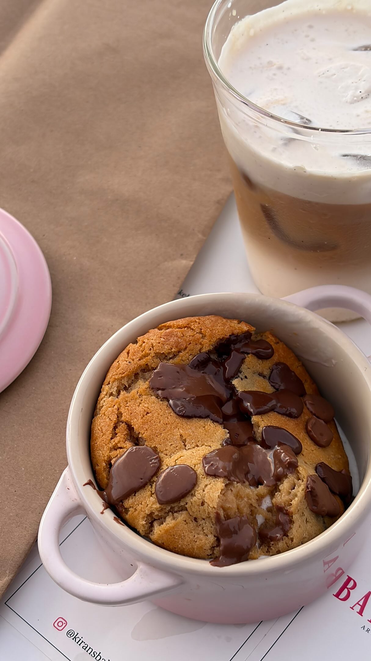 Gooey chocolate chip cookie baked in a ramekin